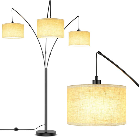 Arc Floor Lamps, 3-Light Arched Standing Lamp Hanging over the Couch, Trinity Arc Lamp with Foot Switch, Heavy Base, Modern Tall Pole Lamps for Living Room Bedroom Office Bright Lighting