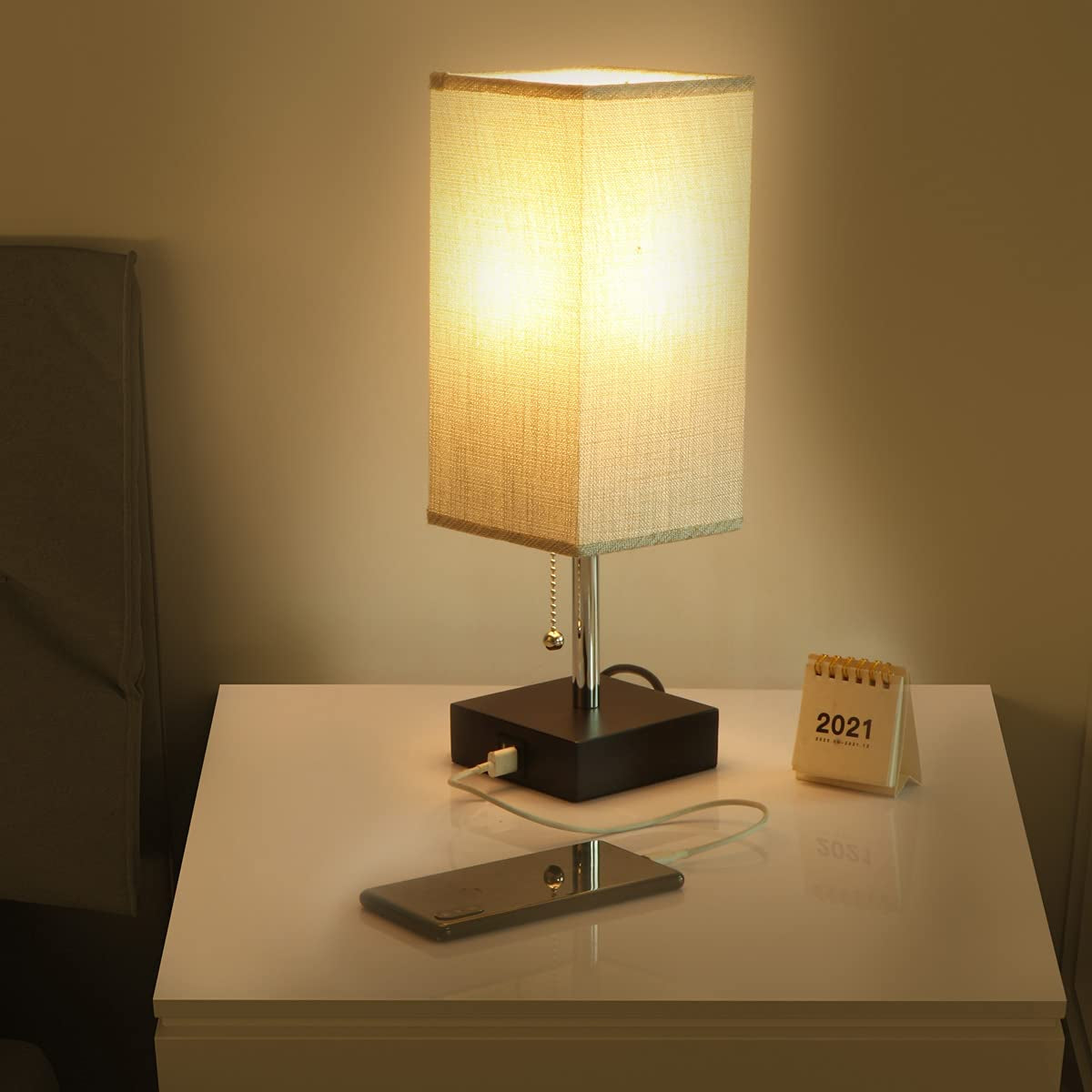 Bedside Table Lamp - Pull Chain Table Lamp with 2 USB Charging Ports, Solid Bedroom Lamps with Gray Fabric Shade Nightstand Light for Living Room, Office, Reading (LED Bulb Included)