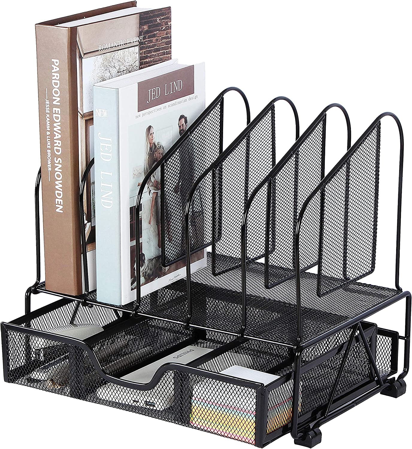 Desk Organizers and Accessories Storage with Drawer, Paper Tray and 5 Vertical File Folder Holders to Collect Office Supplies, Desktop Organizer for Workspace Home Office School, Black