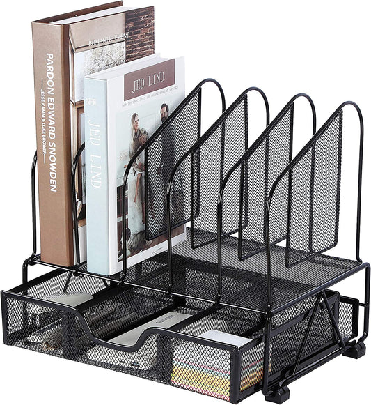 Desk Organizers and Accessories Storage with Drawer, Paper Tray and 5 Vertical File Folder Holders to Collect Office Supplies, Desktop Organizer for Workspace Home Office School, Black