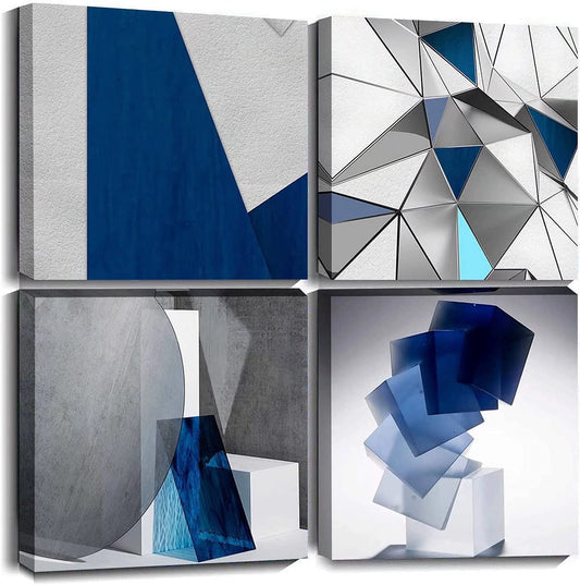 Blue Abstract Wall Art Blue and White for Living Room Decor 12X12 Modern Gray Abstract 3D Geometric Canvas Print Picture Framed Artwork Bathroom Bedroom Home Decor 4 Pieces