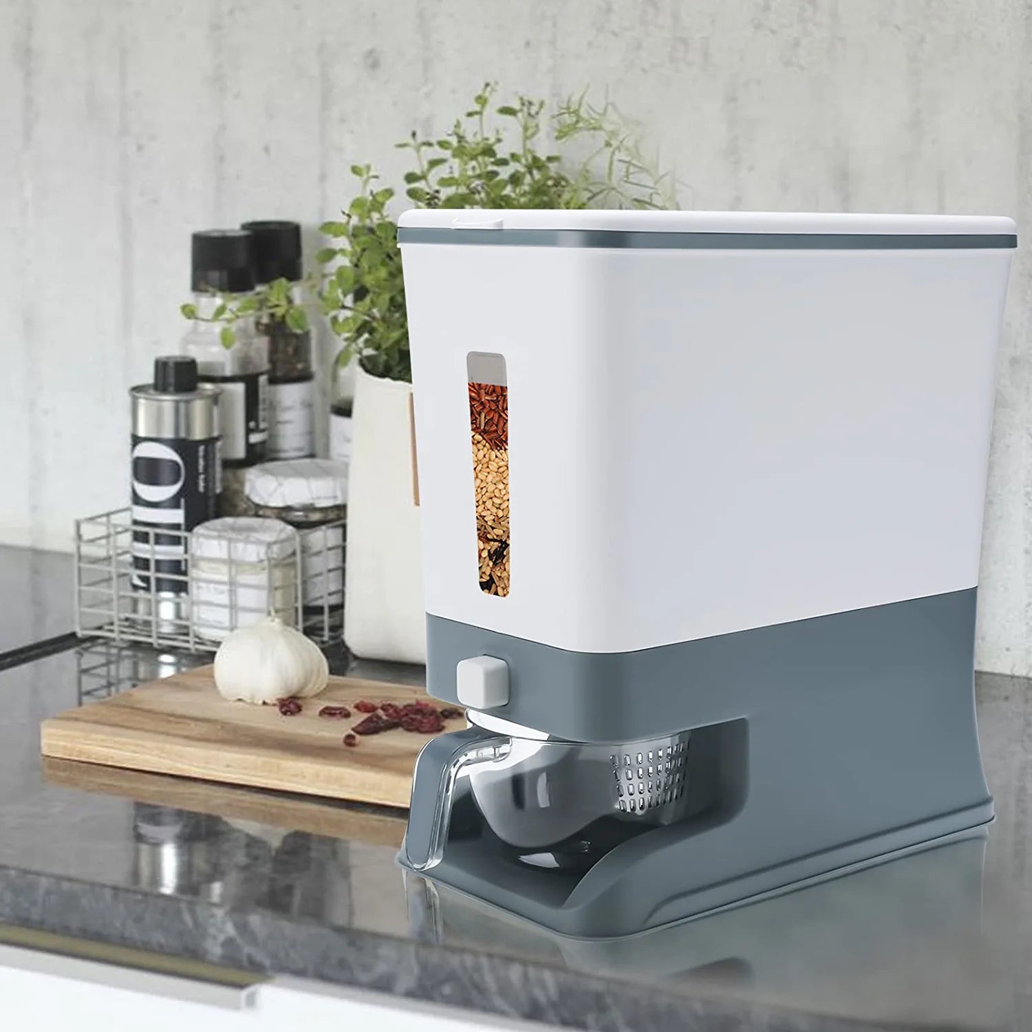 Household Rice Bucket with Lid and Measuring Cup ,Large Cereal Dry Food Storage Box, Measurable Rice Cylinder, Automatic Rice Dispenser Grain Storage Bin