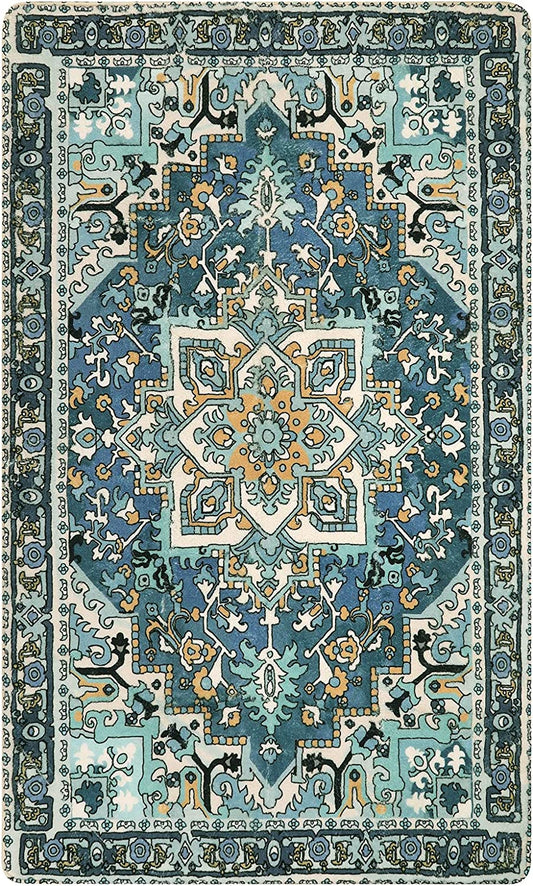 Blue Medallion Oriental Area Rug -2X3 Washable Entryway Rug Bathroom beside Small Throw Rug Non-Slip Distressed Bohemian Traditional Vintage Persian Accent Rug Carpet for Door Mat Kitchen Rug