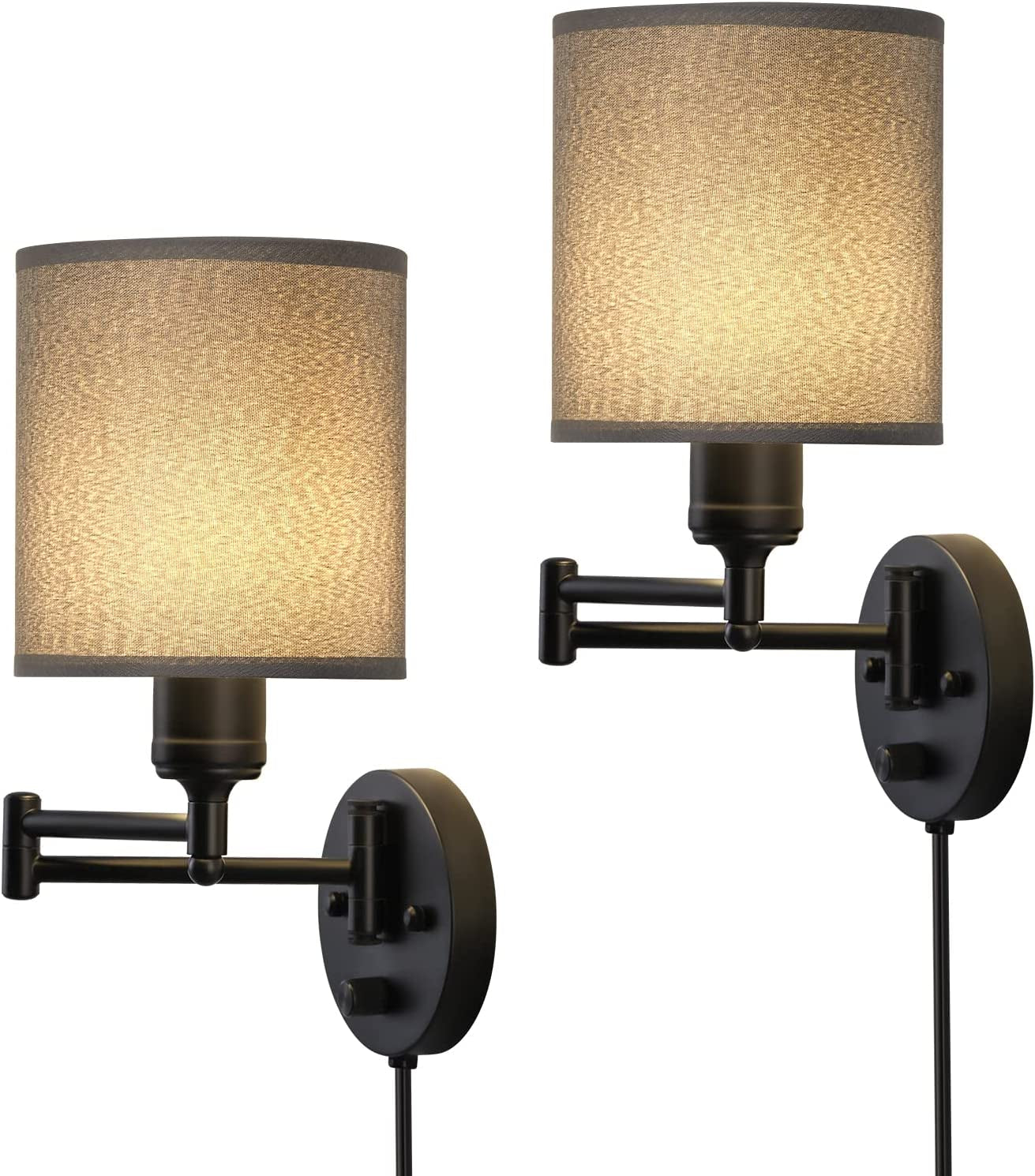 Plug in Wall Light Fixtures, Set of 2 Swing Arm Wall Lamps with Grey Linen Lampshade, Modern Bedside Wall Sconce for Bedroom Hallway Living Room Study