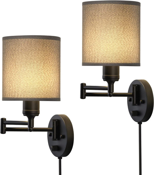 Plug in Wall Light Fixtures, Set of 2 Swing Arm Wall Lamps with Grey Linen Lampshade, Modern Bedside Wall Sconce for Bedroom Hallway Living Room Study