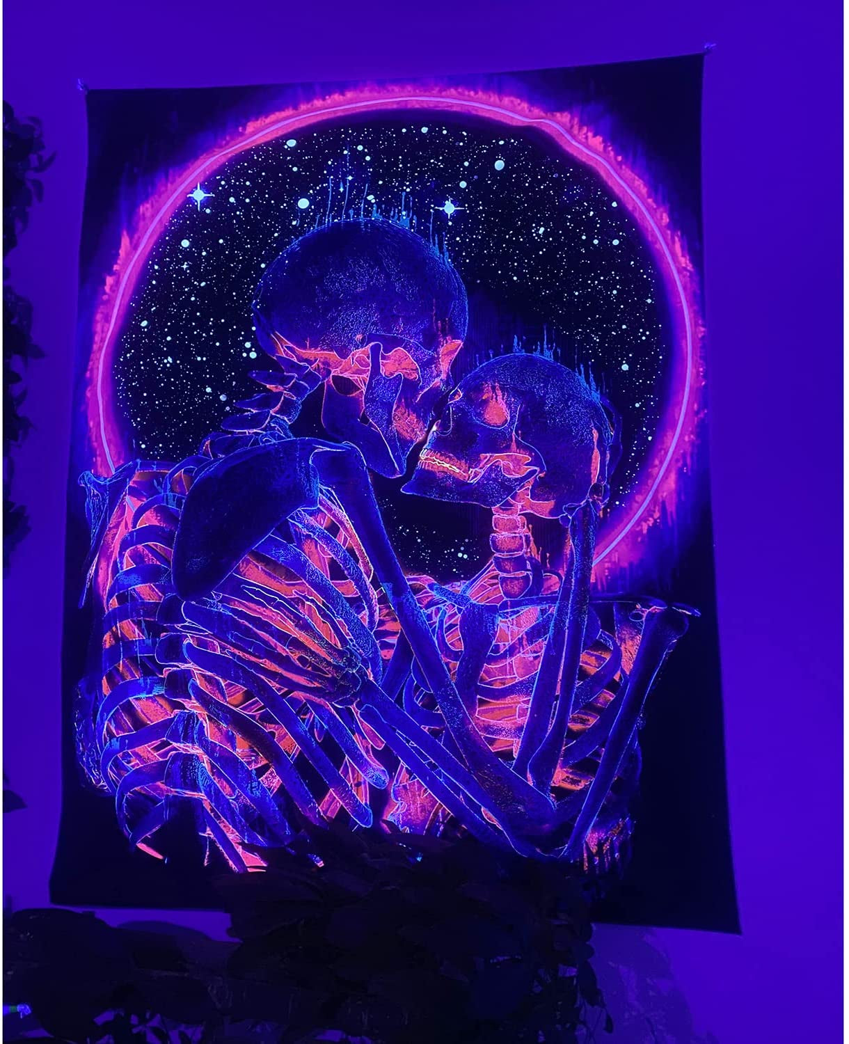 Blacklight Skull Tapestry, the Kissing Lovers Tapestry UV Reactive Trippy Neon Tapestries Glow in the Dark Party Backdrop, Skeleton Wall Art for Bedroom Living Room – 51.2” X 59.1”