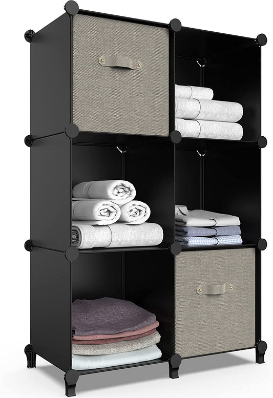 6-Cube Storage Organizer, Closet Organizer Storage Shelf Bookcase Bookshelf with Metal Hammer, Storage Cubes Organizer Cabinet for Kids, Closet, Bedroom, Bathroom, (11.8X11.8X11.8 Inch), Black