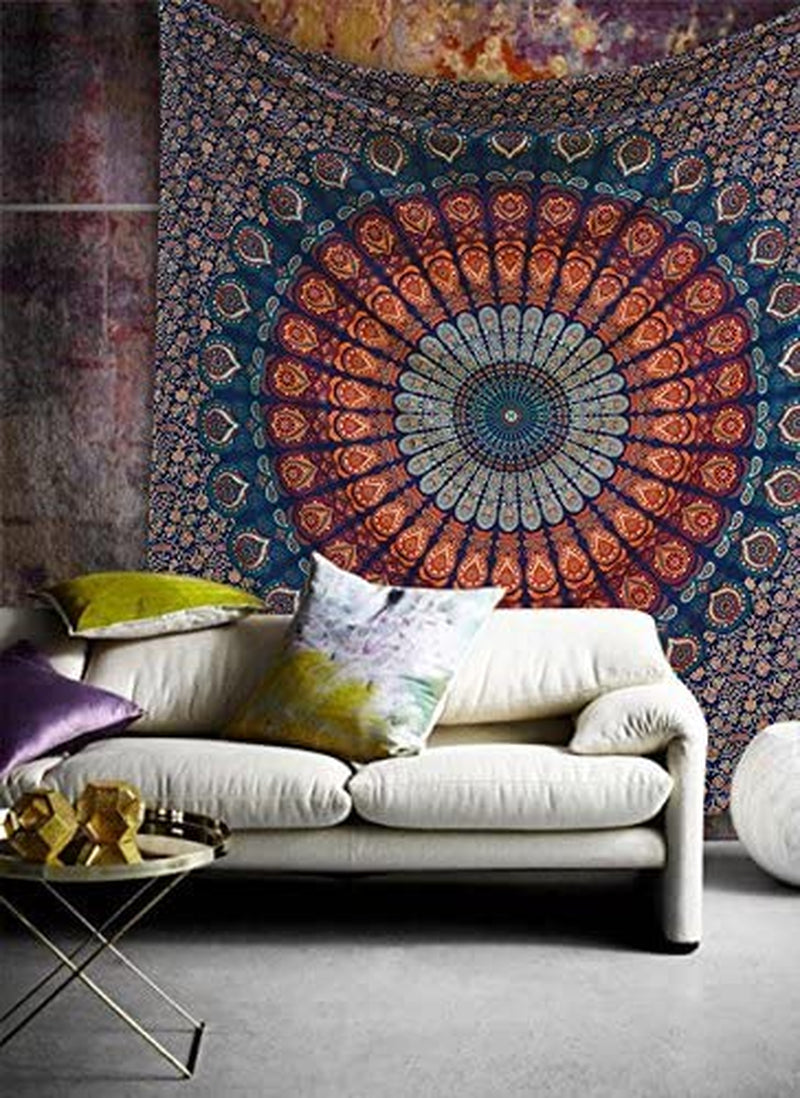 Indian Hippie Bohemian Psychedelic Golden Blue Peacock Mandala Wall Hanging Bedding Tapestry (Golden Blue, Queen (84X90Inches)(215X230Cms))