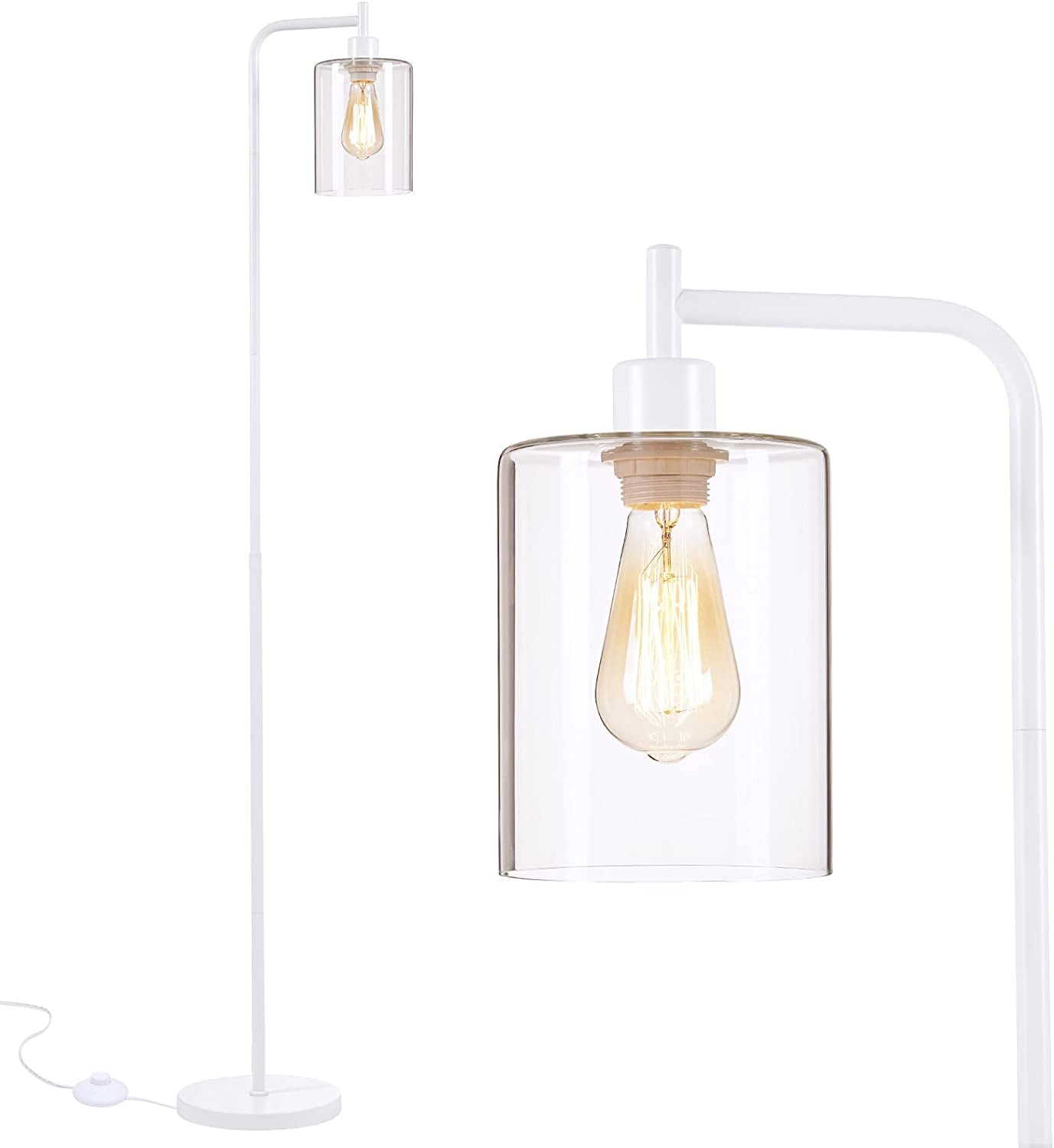 White Tall LED Floor Lamp Included Bulb, Modern Standing Lamp with Hanging Glass Shade, Indoor Simple Floor Lamp, Industrial Pole Light for Living Room, Bedroom, Office, Home Decor