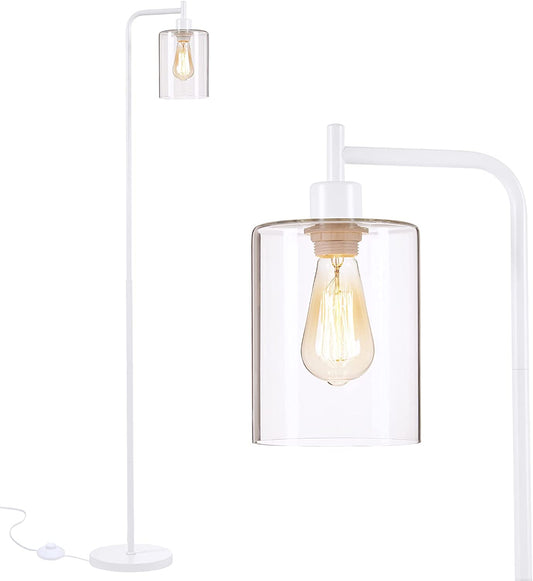 White Tall LED Floor Lamp Included Bulb, Modern Standing Lamp with Hanging Glass Shade, Indoor Simple Floor Lamp, Industrial Pole Light for Living Room, Bedroom, Office, Home Decor