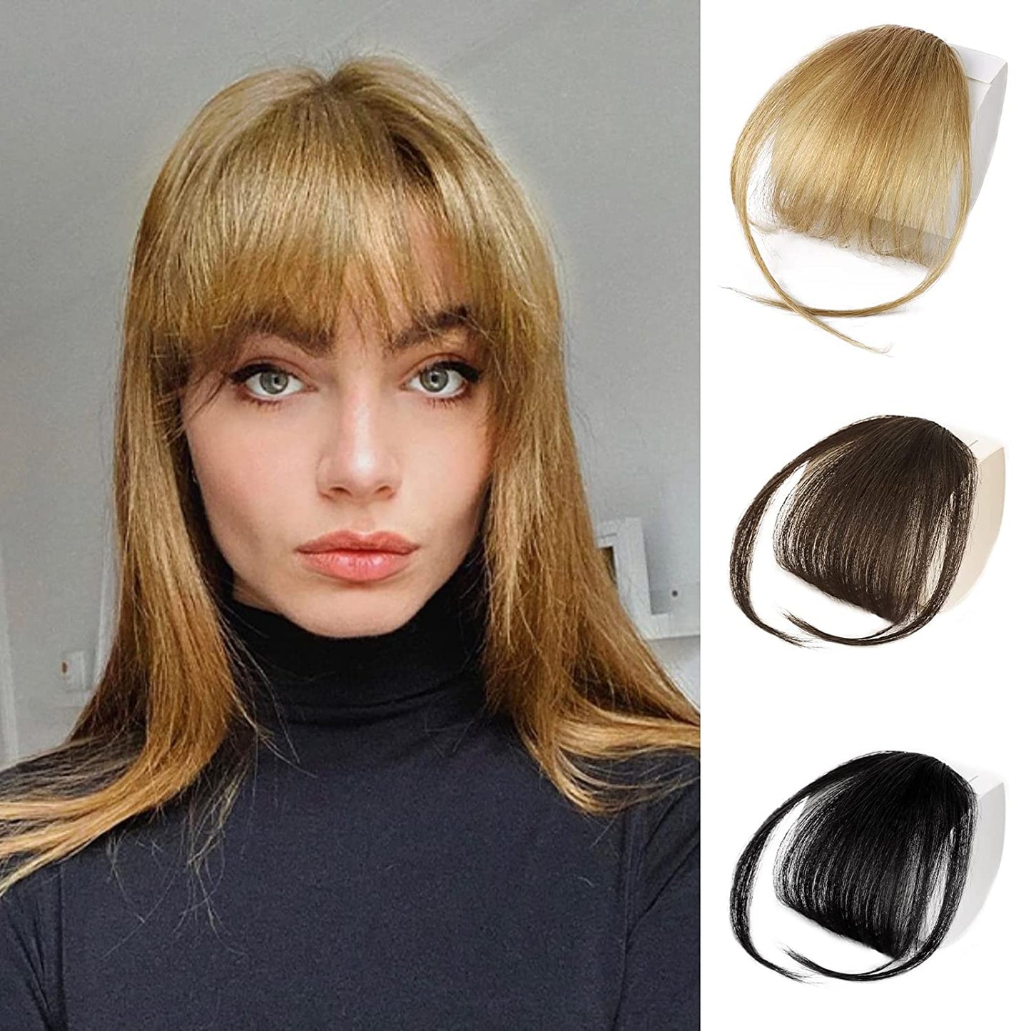 Clip in Bangs for Women 100% Human Hair Extensions Wispy Bangs Fringe with Temples Hairpieces Air Bangs Flat Bangs Clip Curved Bangs for Daily Wear (Blonde)