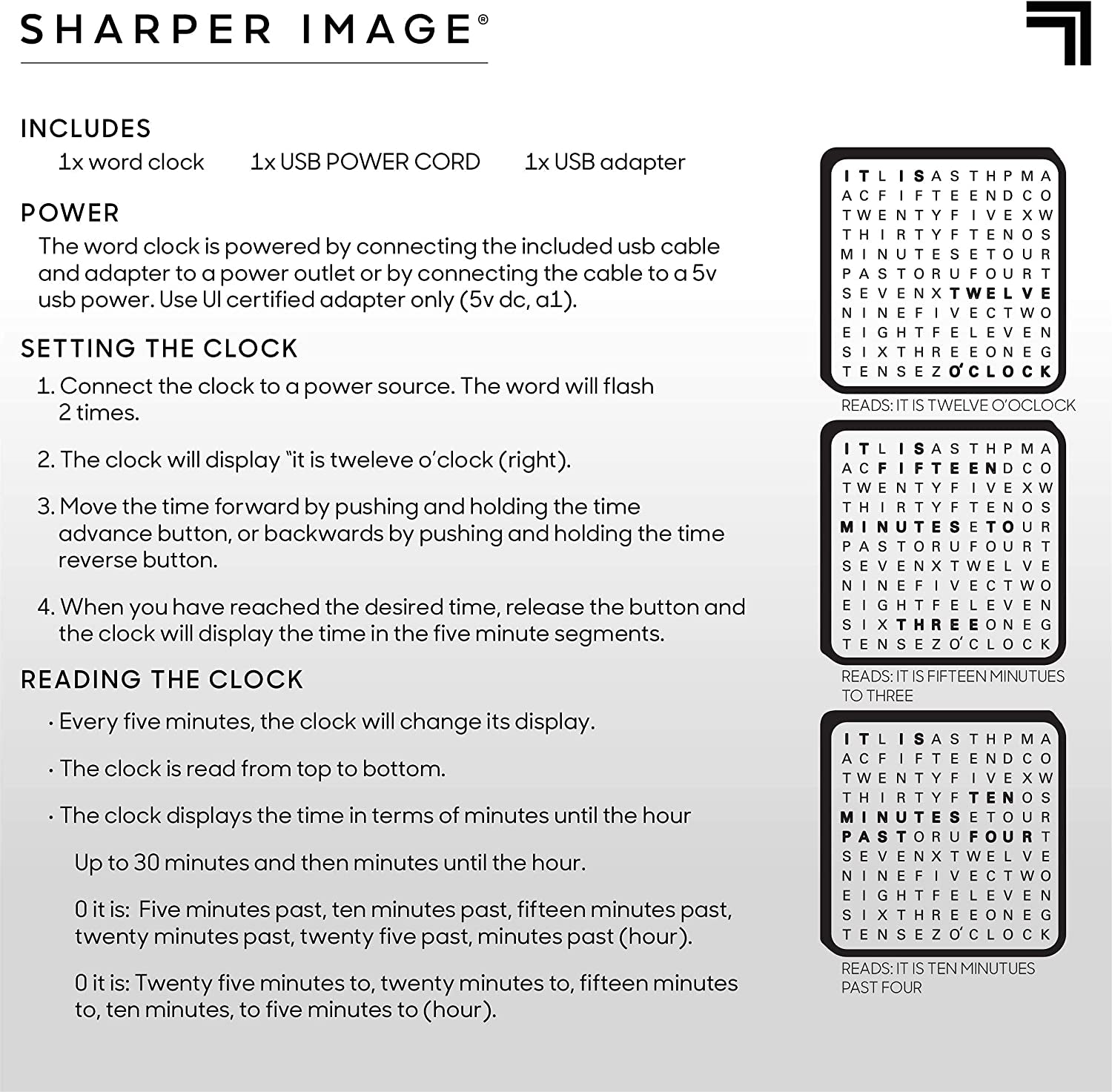 SHARPER IMAGE Light up Electronic Plug-In Word Clock, Black Finish with LED Light Display, USB Cord and Power Adapter, Unique Contemporary Home and Office Décor, Accent Desk Clock