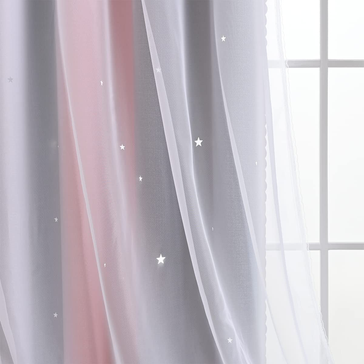 2 Panels Star Curtains for Girls Kids Bedroom, Light Blocking Princess Star Cut Out Curtain, Colorful Striped Voile Double Layer Window Curtain for Girls Room (52W X 63L, Pink/Grey)