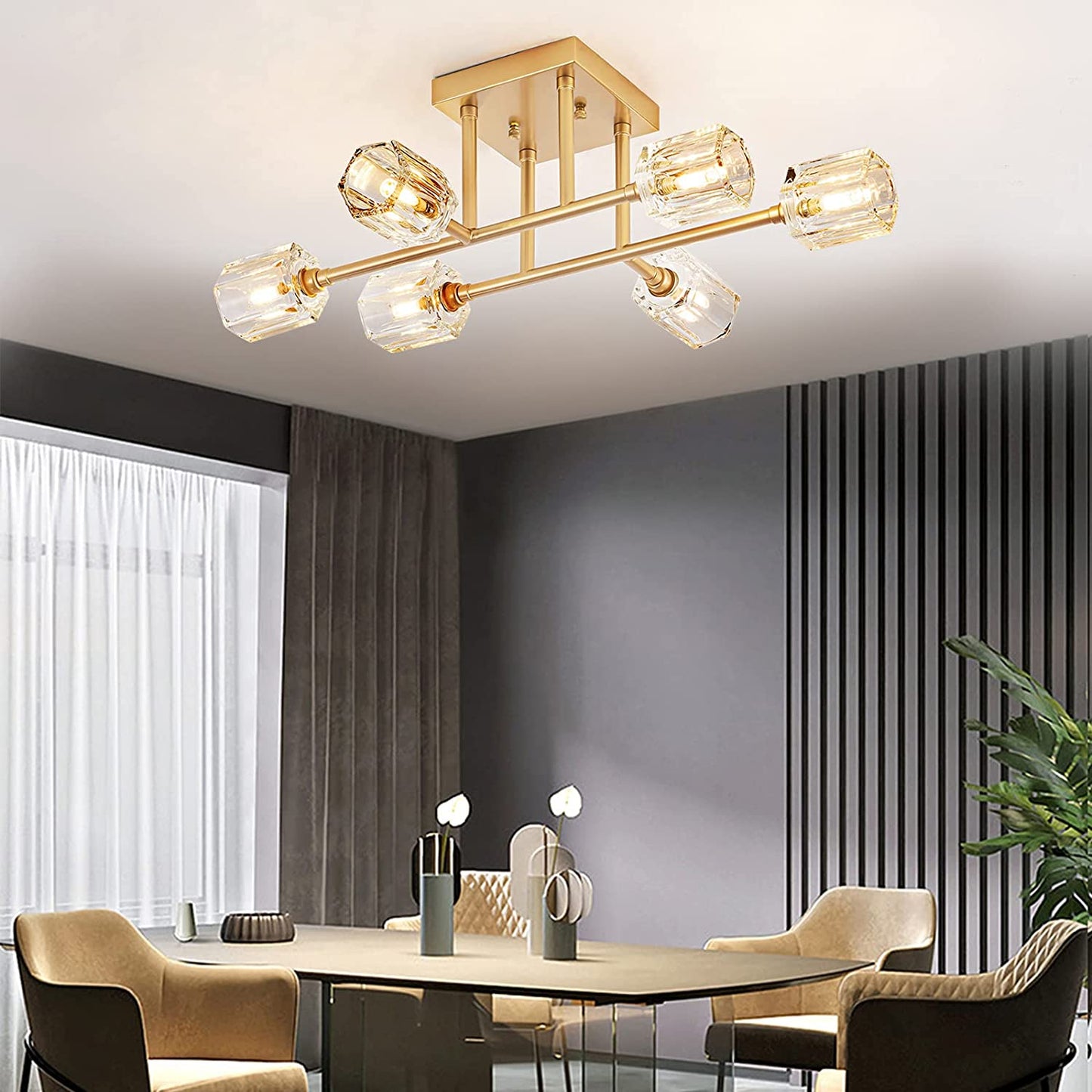6-Light Industrial Semi Flush Mount Ceiling Light Fixture Brushed Gold, 24 Inch Modern Sputnik Chandelier Farmhouse Lighting for Kitchen Island Dining Living Room Bedroom Foyer Entry