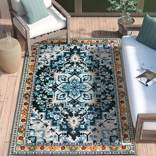 Boho Persian Area Rug - 3X5 Washable Blue Entryway Small Rug Vintage Accent Throw Non-Slip Oriental Distressed Low Pile Rug for Entryway Bedroom Bathroom Kitchen Door Mat Living Room Rug