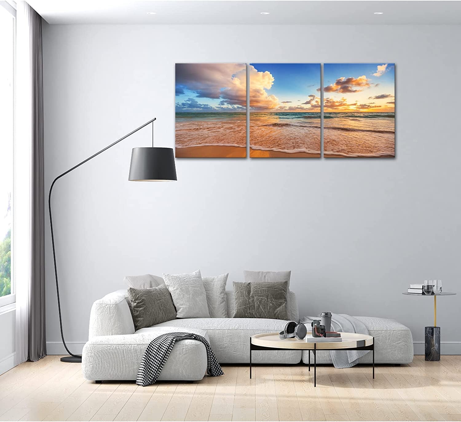 Sunrise Beach Canvas Wall Art, Baiyun Ocean Landscape Poster Framed, Canvas Painting Printing Picture for Home Bedroom Bathroom,12" X 16" X 3 PCS