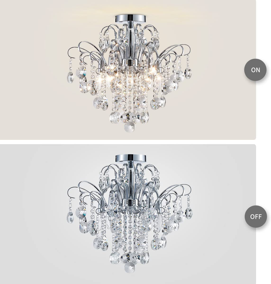 Crystal Chandelier Flushmount Ceiling Light Modern Lighting Fixture for Bedroom Hallway Bar Kitchen Bathroom, H 17.5'' X W 19.3'', E12 Base, Chrome