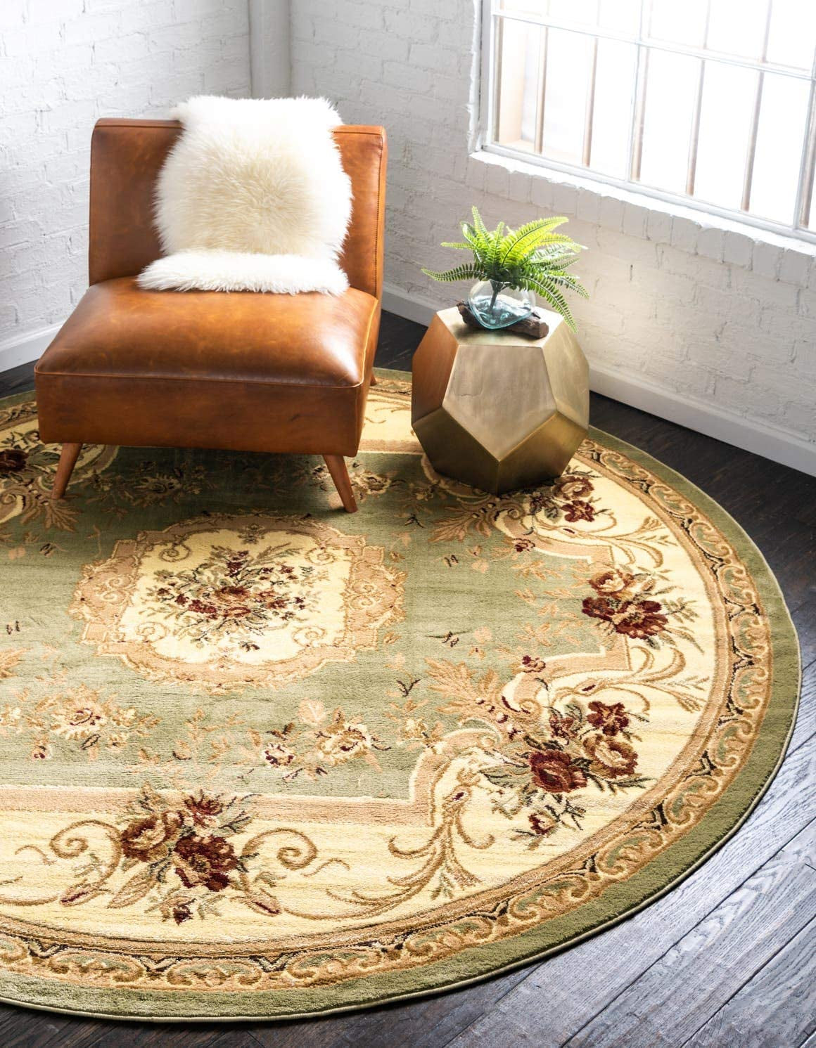 Versailles Collection Traditional Classic Green round Rug (6' X 6')