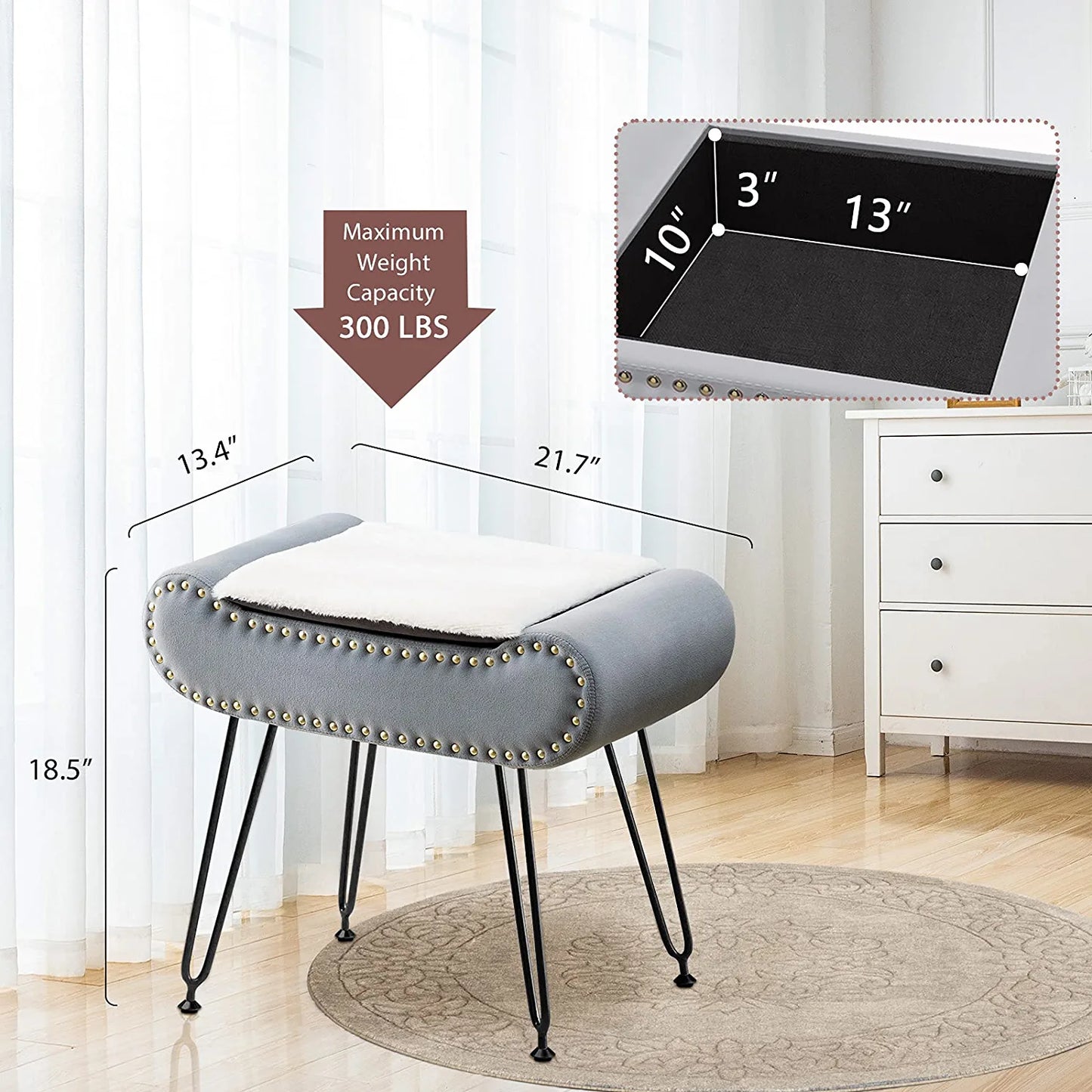 Velvet Upholstered Footrest Faux Fur Square Storage Ottoman, Coffee Table Makeup Stool with Plating Black Metal Legs for Living Room, Bedroom, Bathroom Large Vanity Benches Gray