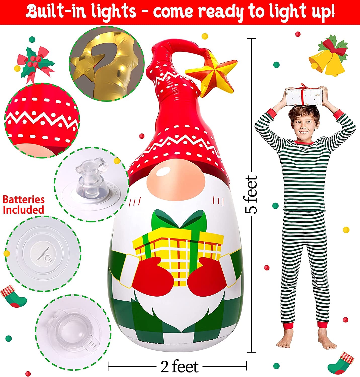 5Ft Lighted Outdoor Christmas Decorations Inflatables - Blow up Gnome Tumbler Xmas/Winter Holiday/Happy New Year 2023 Display Indoor Party Decor Supplies