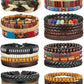 31 Pcs Braided Leather Bracelets for Men Women Wooden Beads Cool Hemp Tribal Wristbands Cuff Punk Multilayered Bracelets