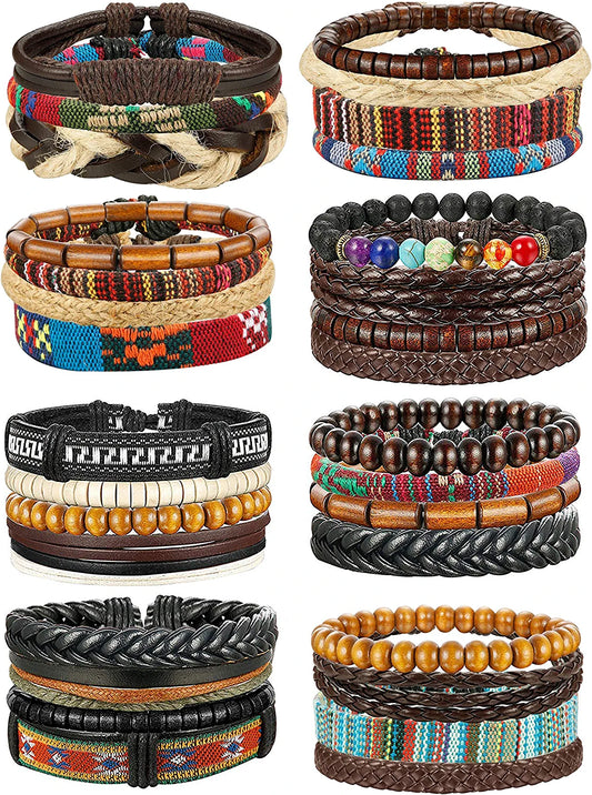 31 Pcs Braided Leather Bracelets for Men Women Wooden Beads Cool Hemp Tribal Wristbands Cuff Punk Multilayered Bracelets