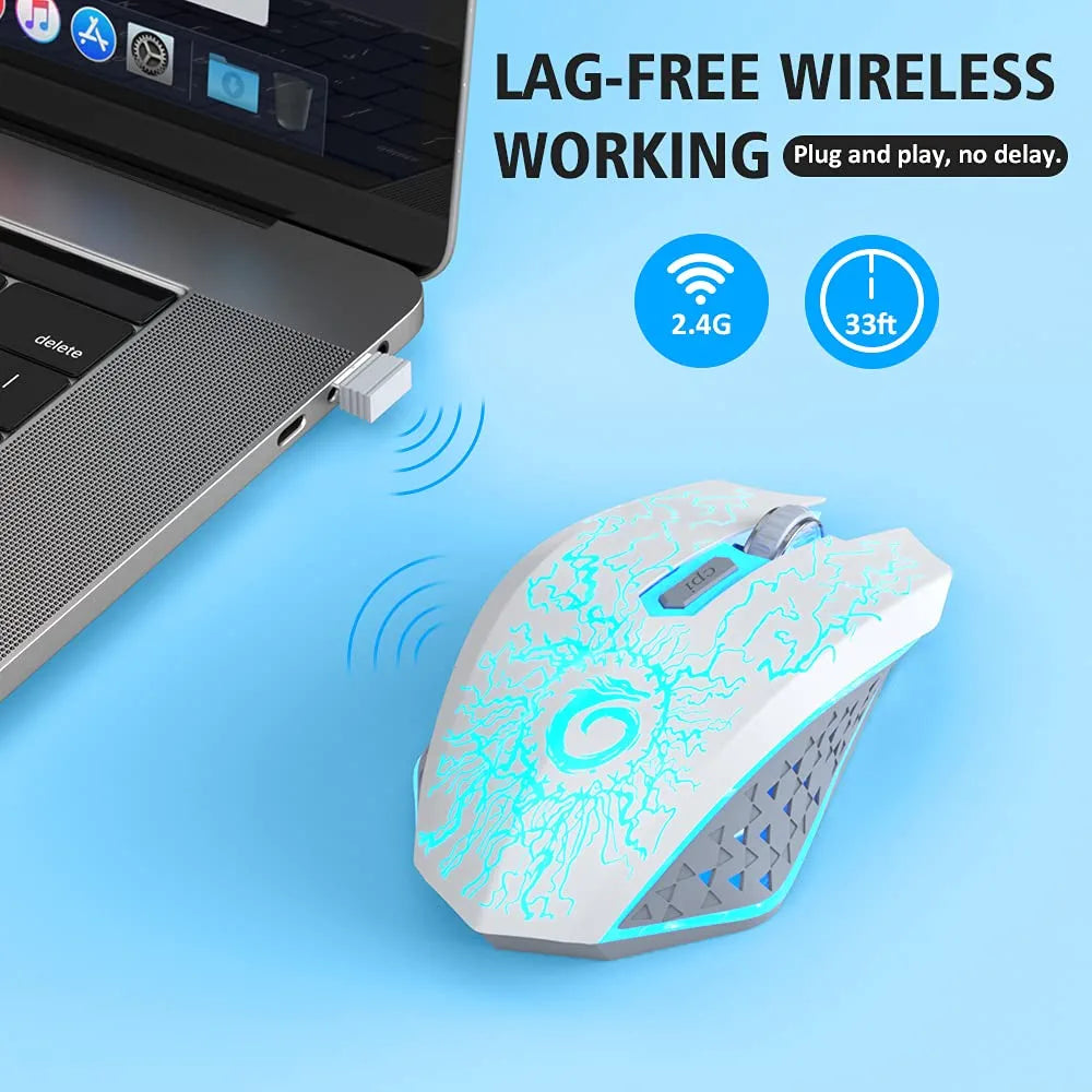 Wireless Gaming Mouse, Rechargeable Computer Mouse Mice with Colorful LED Lights, Silent Click, 2.4G USB Nano Receiver, 3 Level DPI for PC Gamer Laptop Desktop Chromebook Mac -White
