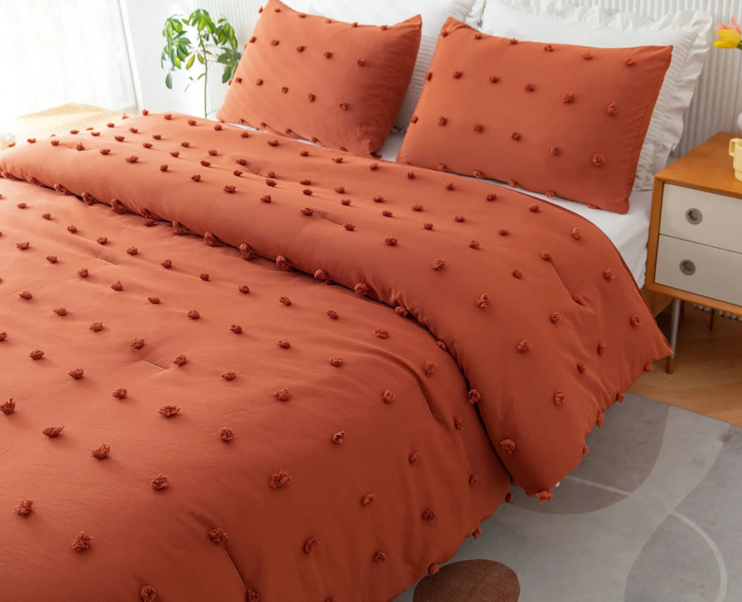 Terracotta Comforter Queen Comforter Set Burnt Orange Comforter Boho Comforter Tufted Pom Pom Ultra Soft Bed Set with 2 Pillow Cases All Season