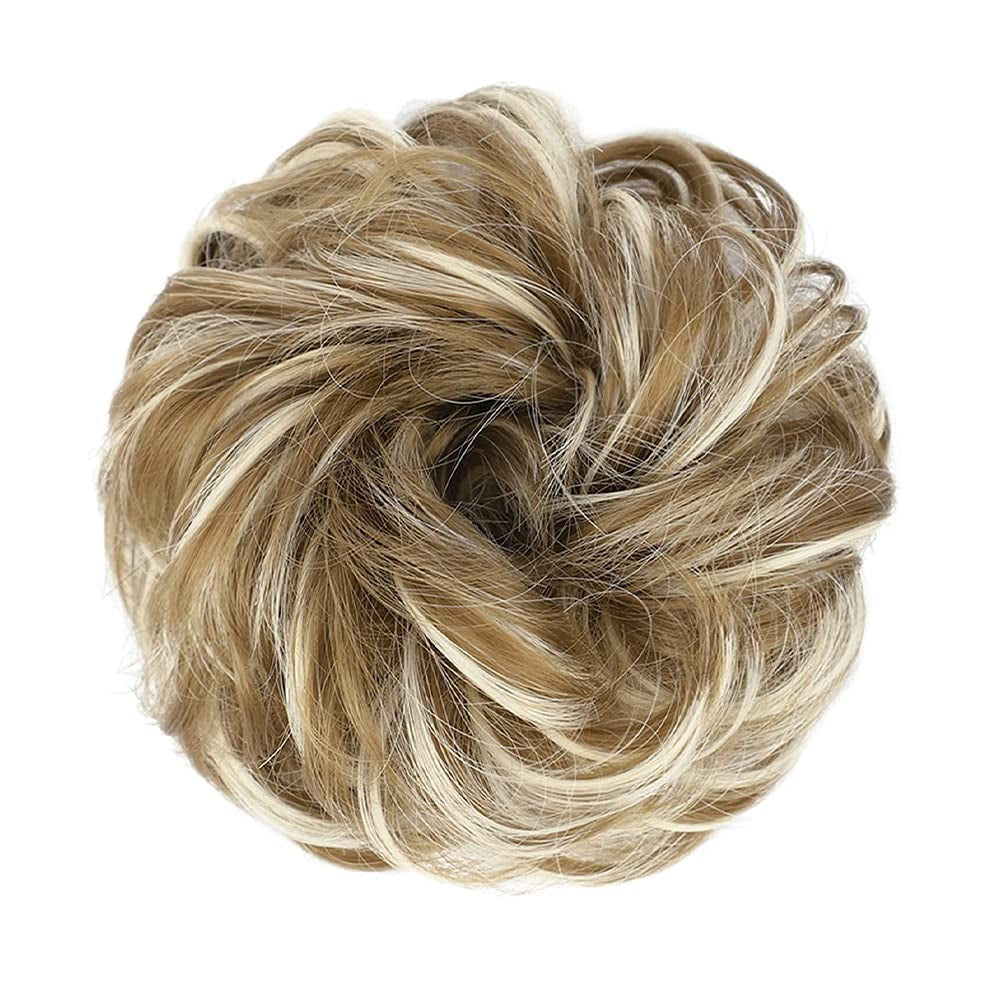 1PCS Messy Hair Bun Hair Scrunchies Extension Messy Synthetic Chignon for Women Updo Hairpiece (12Ah613(Light Golden Brown & Lightest Blonde))
