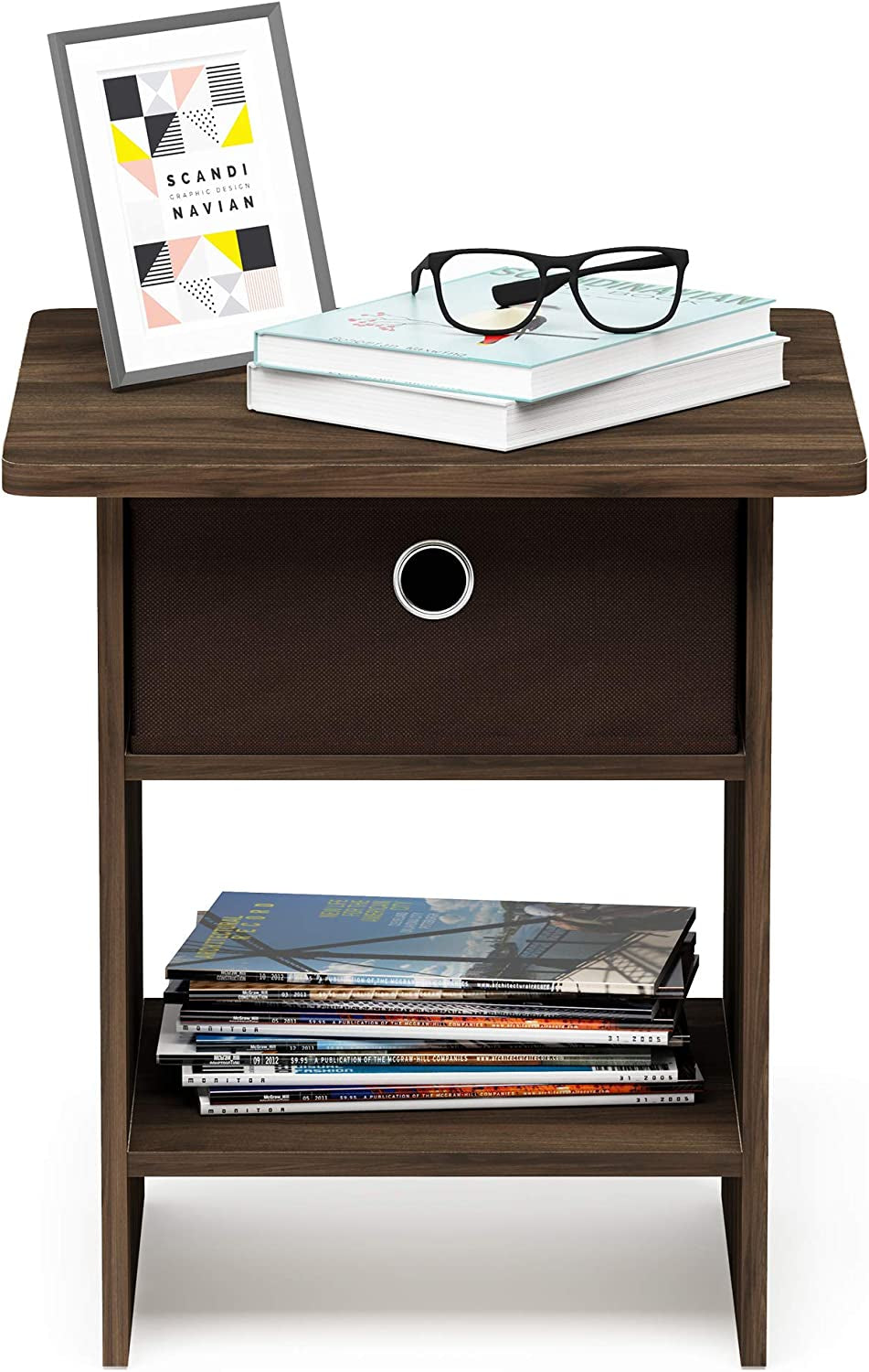 Dario End Table / Side Table / Night Stand / Bedside Table with Bin Drawer, 1-Pack, Columbia Walnut/Dark Brown