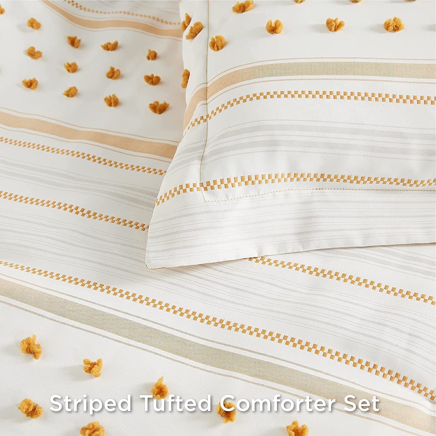 Bedsure Yellow Comforter Set King - Boho Mustard Bedding King , Reversible White Striped Tufted Farmhouse Comforter Sets (102X90 Inches, 3 Pieces)