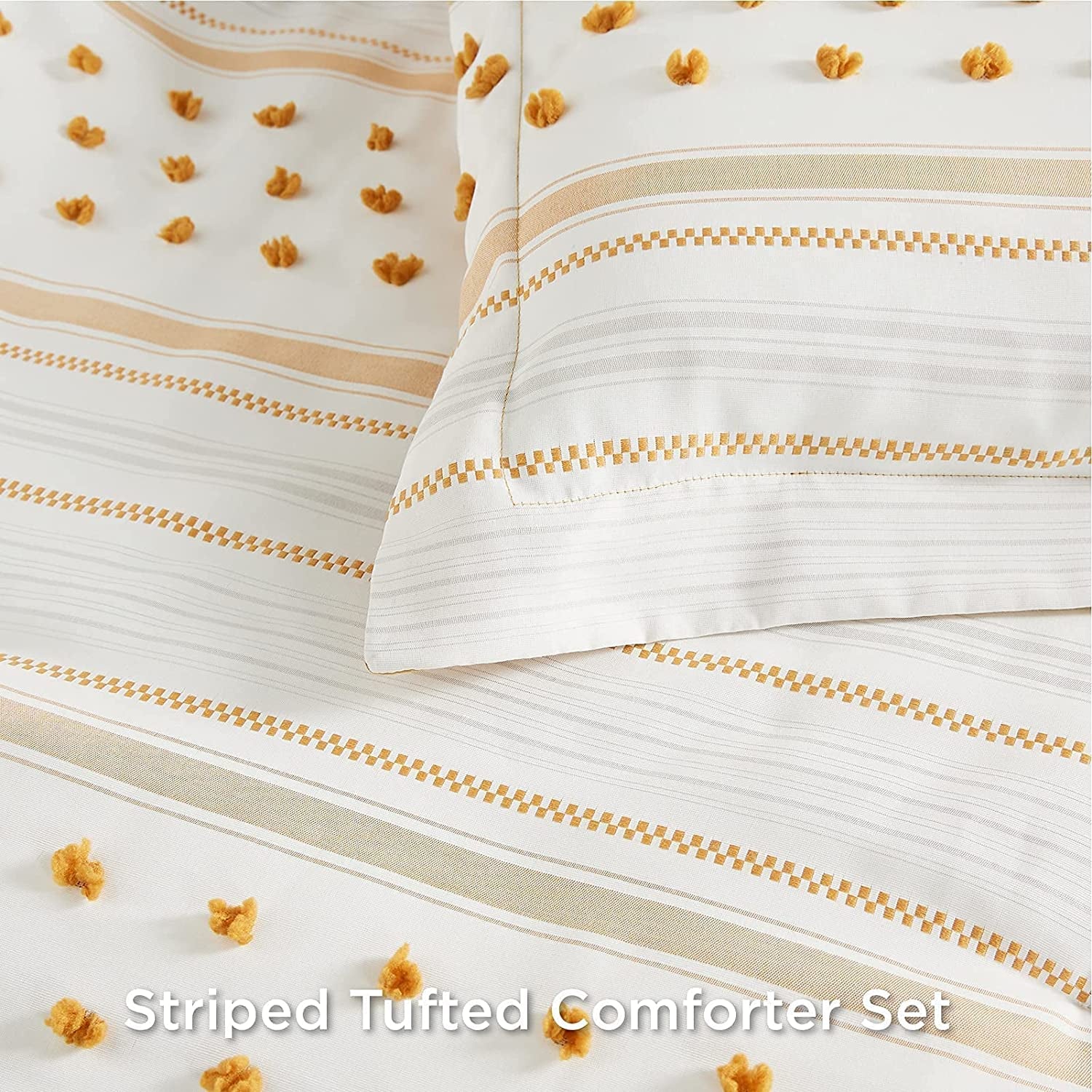 Bedsure Yellow Comforter Set King - Boho Mustard Bedding King , Reversible White Striped Tufted Farmhouse Comforter Sets (102X90 Inches, 3 Pieces)