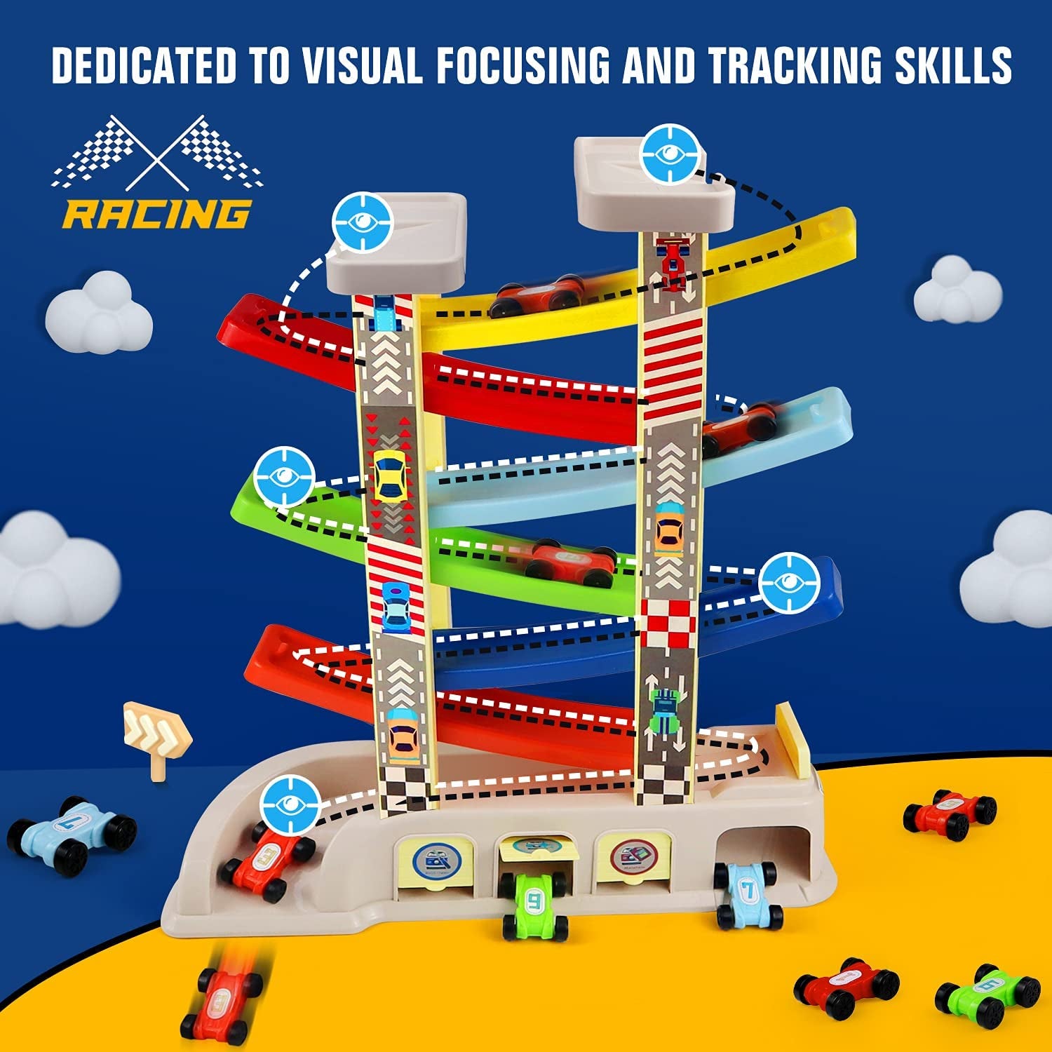 Montessori Toys for 2 3 Year Old Boys Toddlers, Car Ramp Toys with 6 Cars & Race Tracks, Garages and Parking Lots, Ramp Racer Toy Gift for Boys Girls Age 18 Months and Up