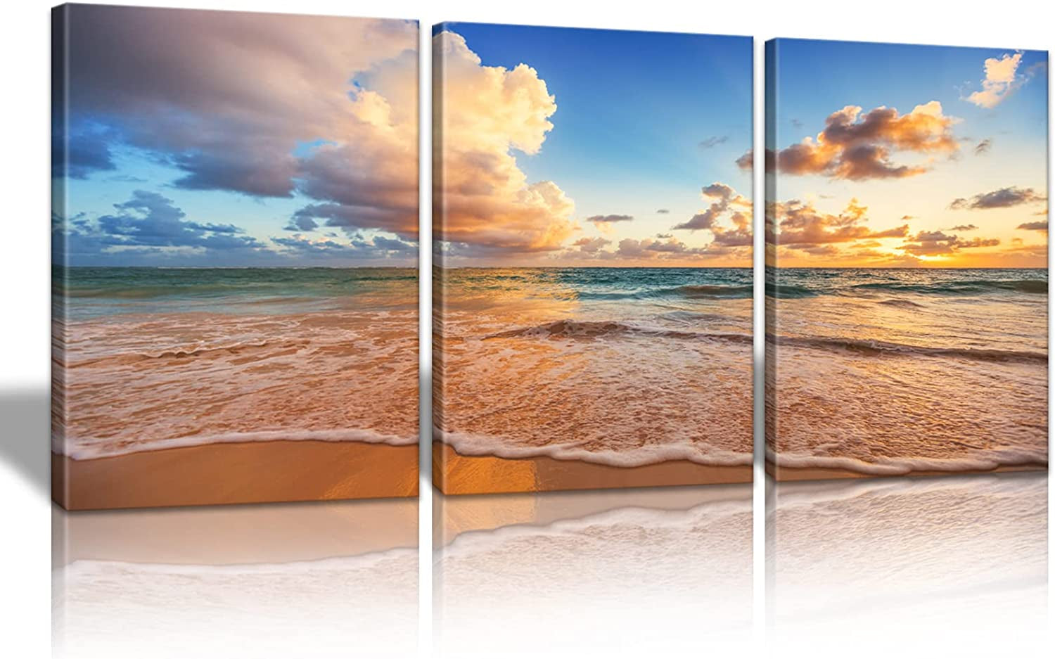 Sunrise Beach Canvas Wall Art, Baiyun Ocean Landscape Poster Framed, Canvas Painting Printing Picture for Home Bedroom Bathroom,12" X 16" X 3 PCS