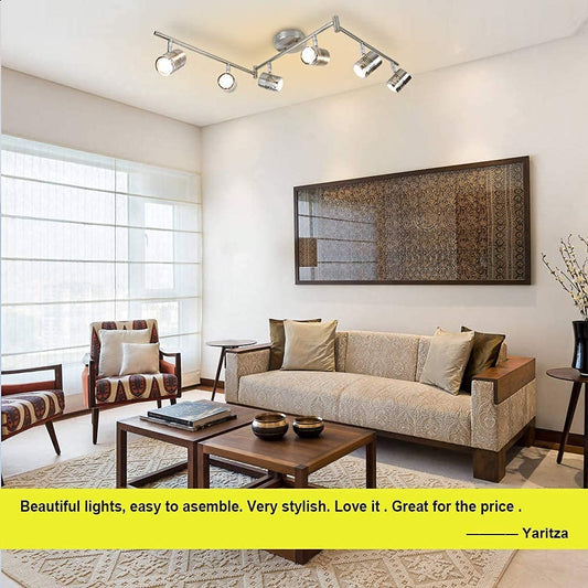 DLLT 6-Light Track Lighting Fixtures Swing Arm, Kitchen Ceiling Spot Light, Flush-Mount Foldable Track Rail Lighting for Living Room, Dining Room, Offices, Bedroom, Picture Wall, Kitchen, Warm Light