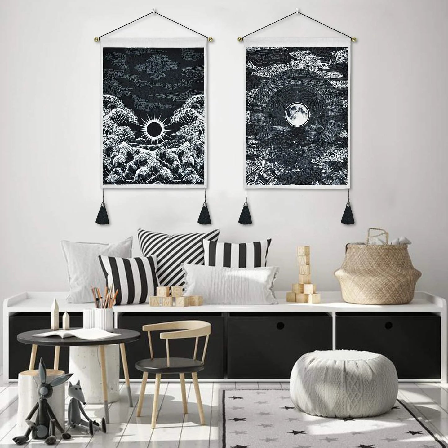 2 Pack Moon and Star Tapestry Great Ocean Wave Tapestry Sunset Tapestry Mountain Tapestry Black and White Art Tapestry Wall Hanging for Room(13.8 X 19.7 Inches)