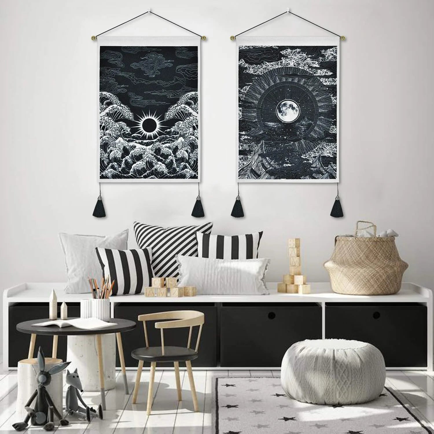 2 Pack Moon and Star Tapestry Great Ocean Wave Tapestry Sunset Tapestry Mountain Tapestry Black and White Art Tapestry Wall Hanging for Room(13.8 X 19.7 Inches)
