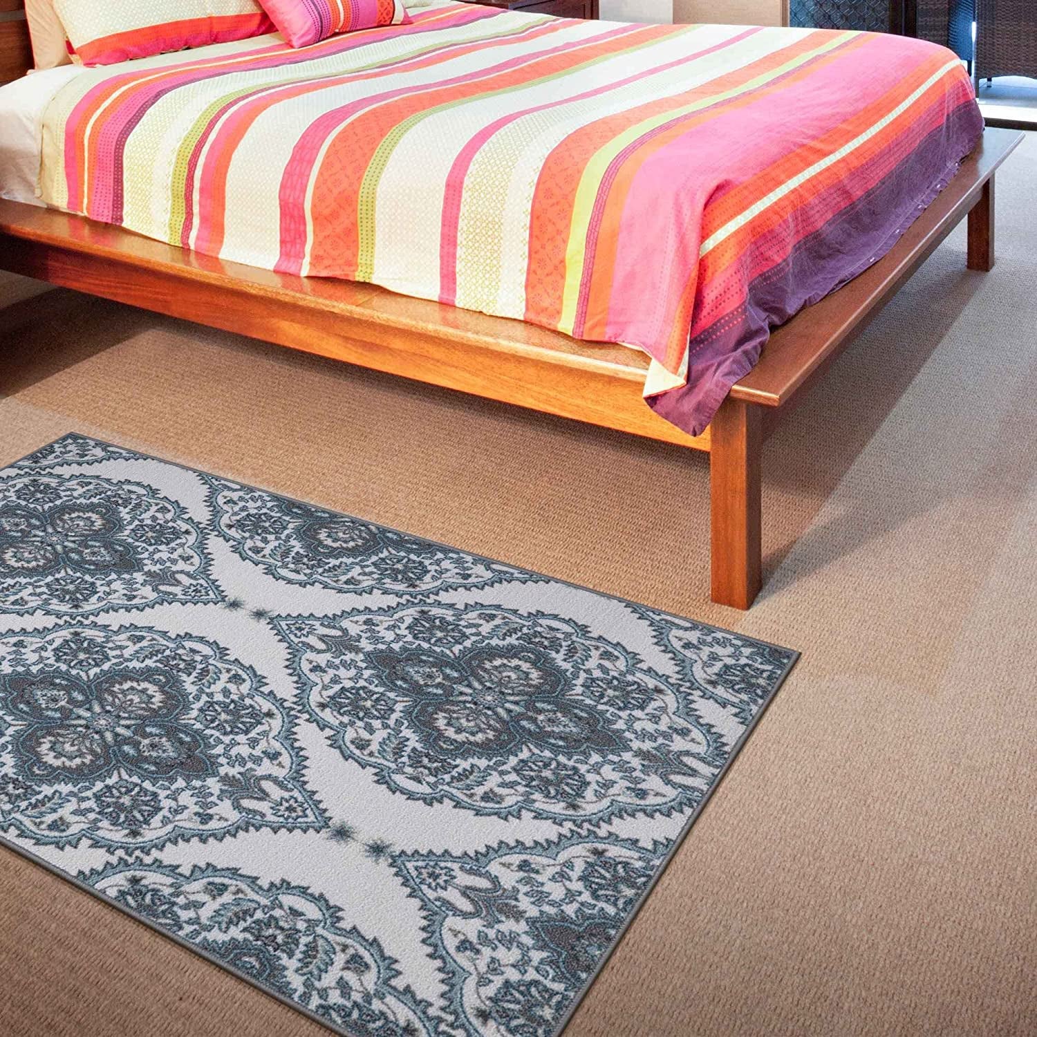 Ottohome Collection Boho Design Non-Slip Rubberback 3X5 Area Rug, 3'3" X 5', Blue/Ivory