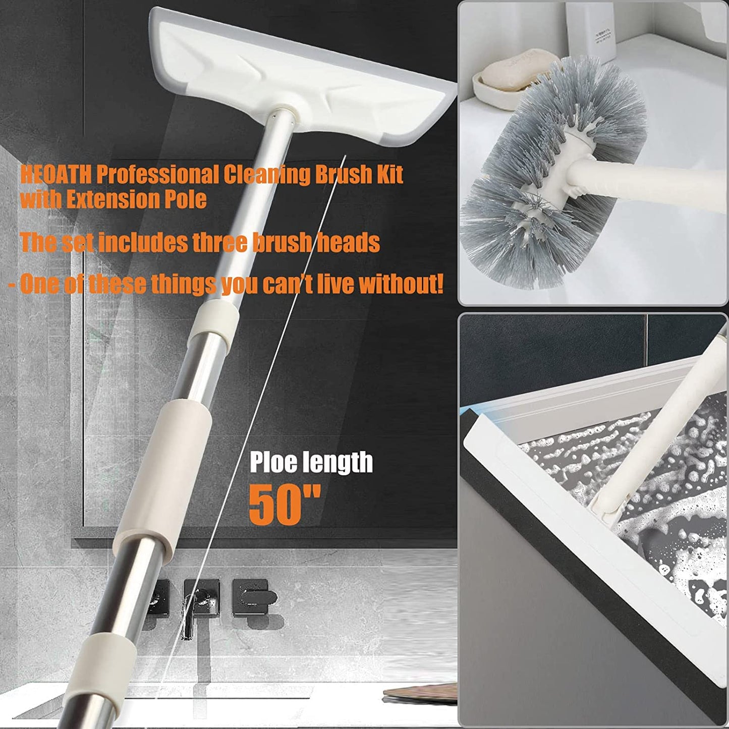 Floor Scrub Brush with Long Handle - 50'' Stiff Brush, 2 in 1 Scrape and Brush, Multi-Use Aqua Bathtub Scrubber and Floor Squeegee Set for Cleaning Bathroom, Patio, Kitchen, Deck and Window