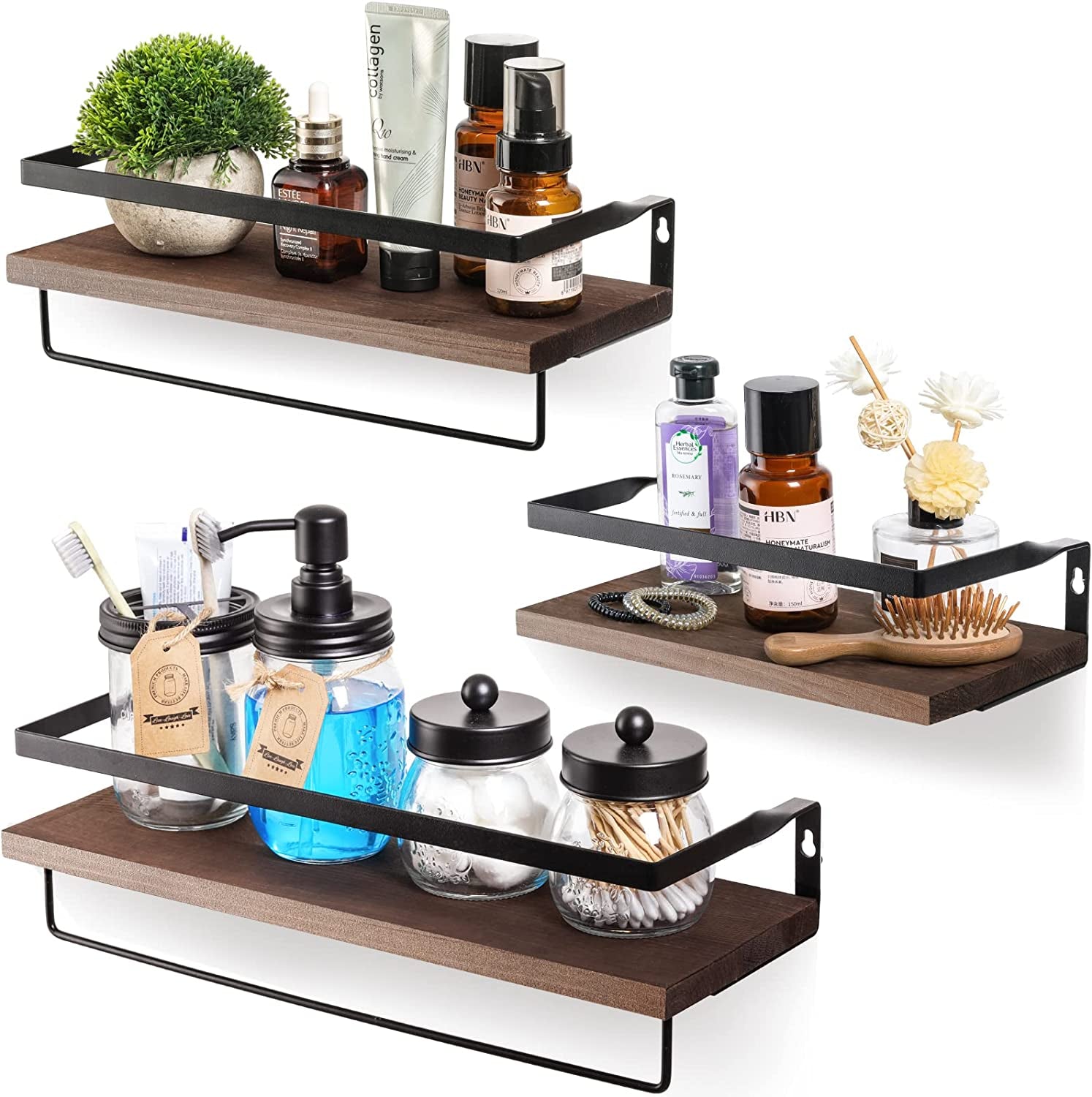3 Set Pre-Assembled Floating Bathroom Shelves with 2 Towel Bars, Wall Mounted Storage Wood Shelf, Rustic Decor Accessories for Bathroom, Kitchen, Bedroom, Office, over Toilet - Brown