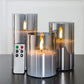 Glass Flameless Candles with Remote Battery Operated Flickering LED Pillar Candles Real Wax Wick 3 Pack D 3" H 4" 5" 6" Grey