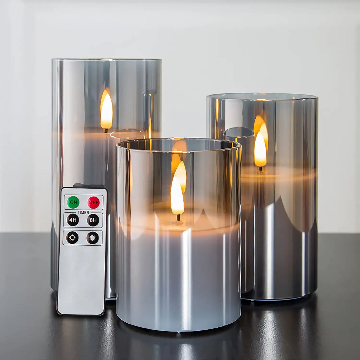 Glass Flameless Candles with Remote Battery Operated Flickering LED Pillar Candles Real Wax Wick 3 Pack D 3" H 4" 5" 6" Grey
