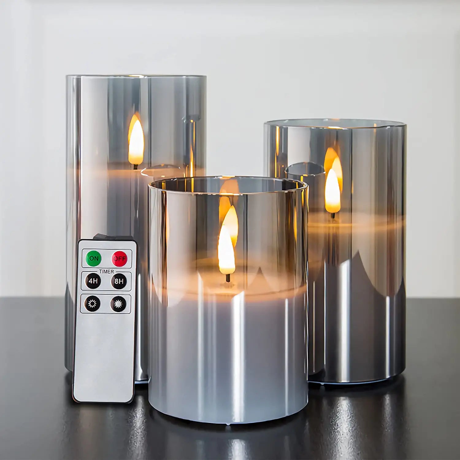 Glass Flameless Candles with Remote Battery Operated Flickering LED Pillar Candles Real Wax Wick 3 Pack D 3" H 4" 5" 6" Grey