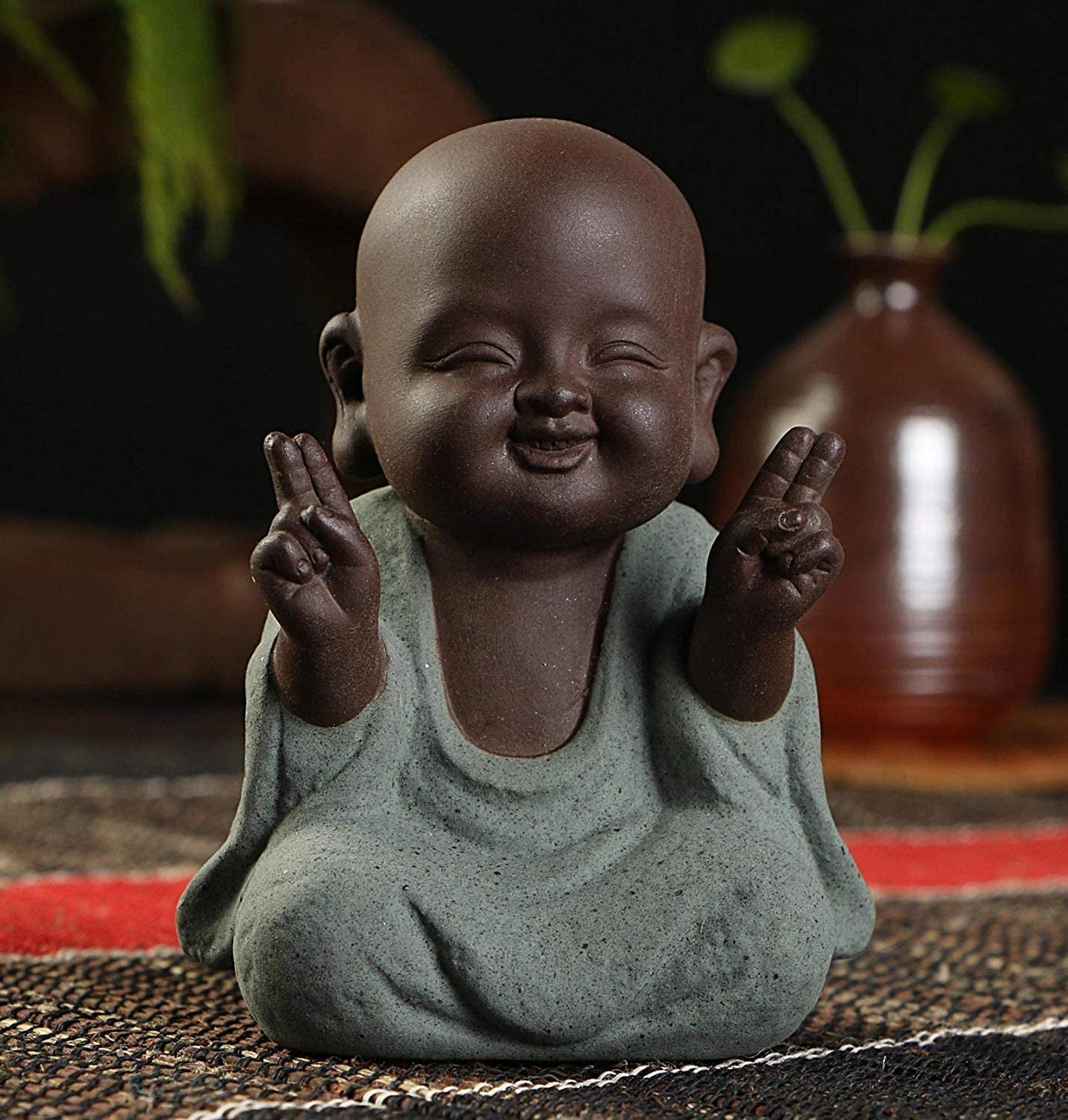 Ceramic Tiny Cute Buddha Statue Monk Figurine Creative Baby Buddha Crafts Adorable Ornaments Classic Delicate Ceramic Arts and Crafts Small (7 X 10 Cm) (Green)