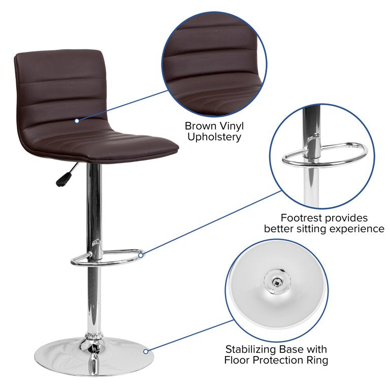 Flash Furniture Betsy Modern Brown Vinyl Adjustable Bar Stool with Back, Counter Height Swivel Stool with Chrome Pedestal Base
