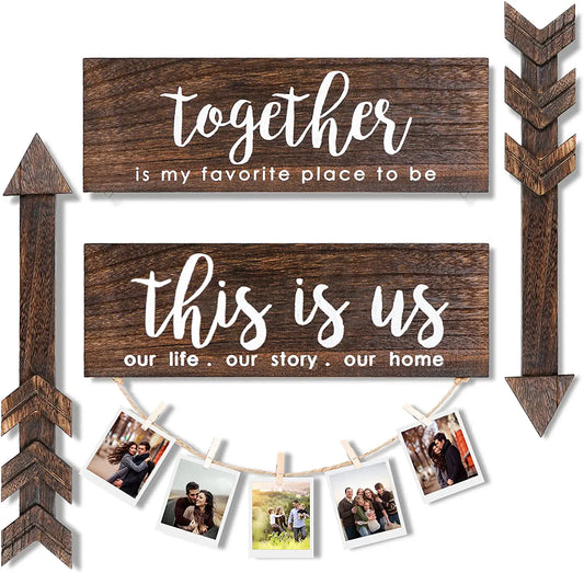 4Pcs Farmhouse Rustic Wall Decor Signs, This Is Us Wooden Wall Art Sign, Together Hanging Wooden Sign and 2Pcs Wood Arrow Signs for Housewarming Gift Home Decor Living Room Bedroom Wall Decor