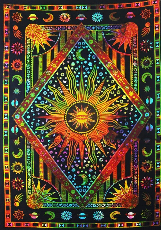 Burning Sun Tie Dye Tapestry, Celestial Sun Moon Star Planet Bohemian Poster Tapestry Tarot Wall Hanging Boho Tapestry Hippie Hippy Tapestry Beach Coverlet Curtain (Orange Multi, 30"X40")