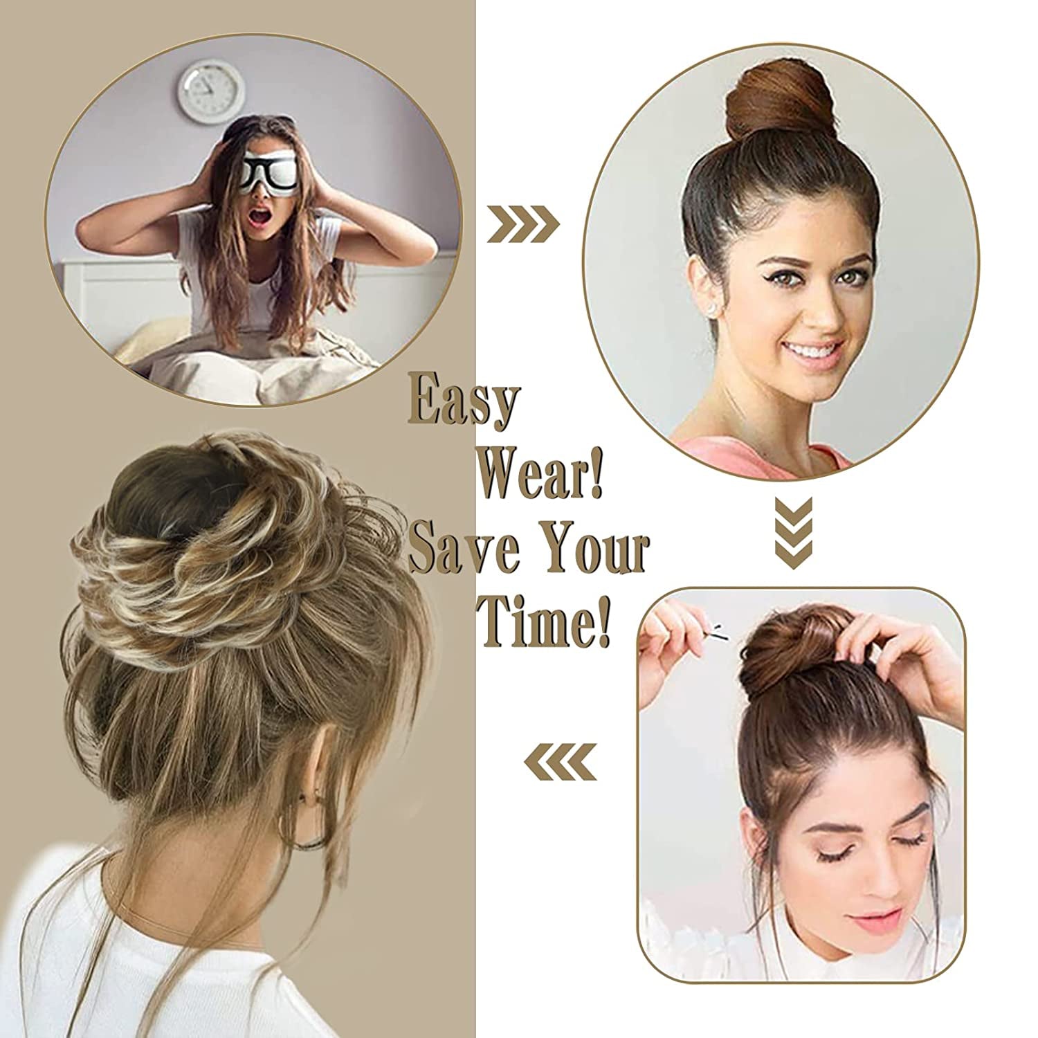1PCS Messy Hair Bun Hair Scrunchies Extension Messy Synthetic Chignon for Women Updo Hairpiece (12Ah613(Light Golden Brown & Lightest Blonde))