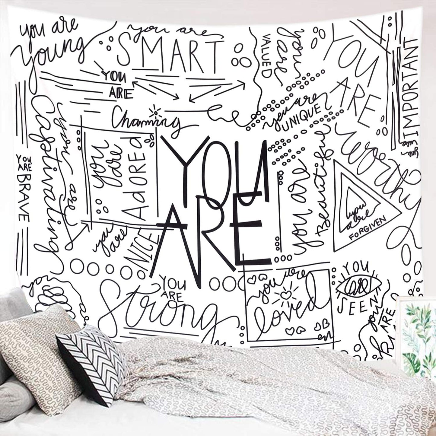 Quote You Are Wall Tapestry, Inspirational Wall Art Positive Saying Wall Hanging White Tapestry for Teen Girl Bedroom Dorm - 51.2X59.1 Inches