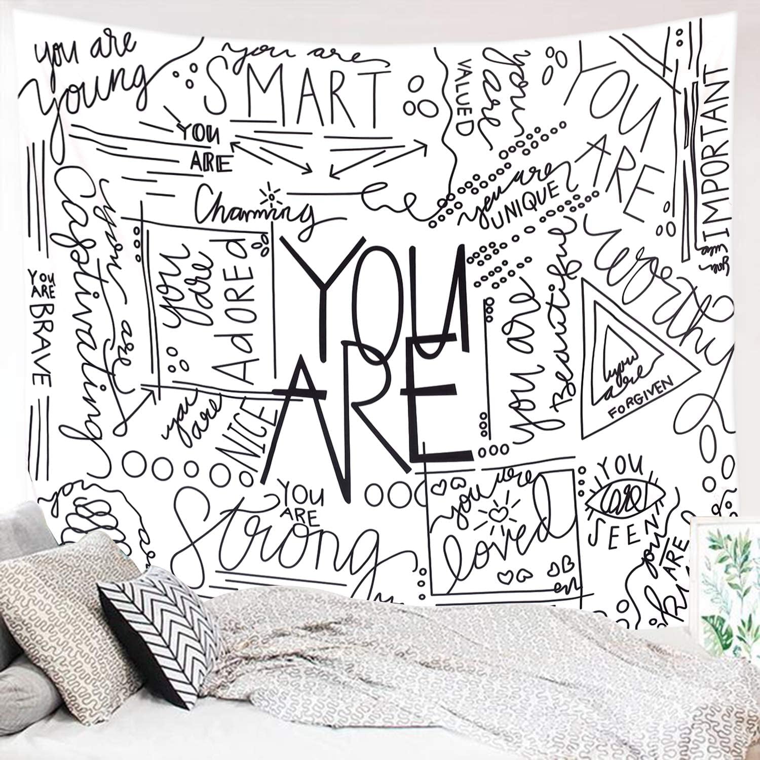 Quote You Are Wall Tapestry, Inspirational Wall Art Positive Saying Wall Hanging White Tapestry for Teen Girl Bedroom Dorm - 51.2X59.1 Inches